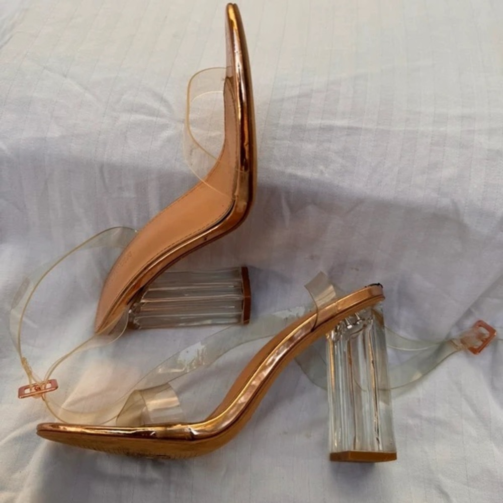 Chic Gold and Clear Block Heel Sandals